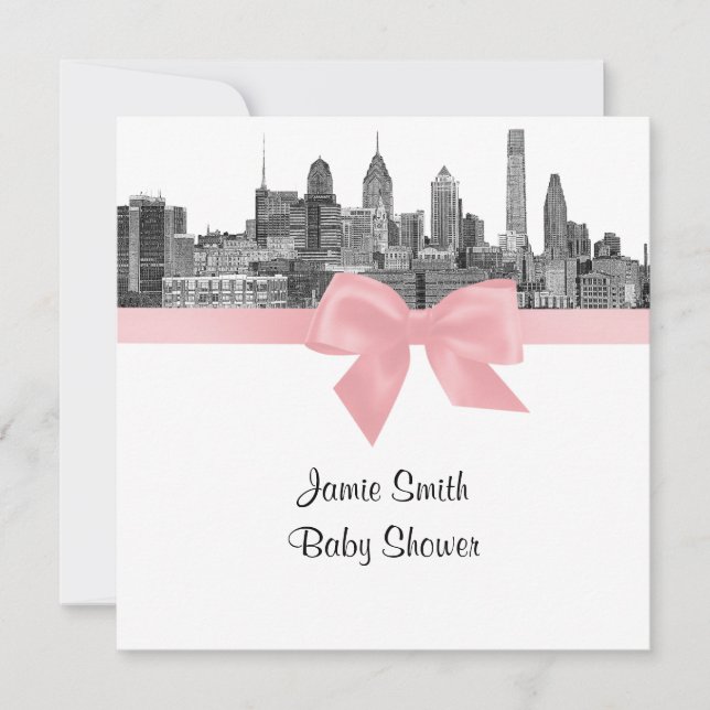 Philadelphia Skyline Etsning BW Rosa Baby Shower Inbjudningar (Framsida)