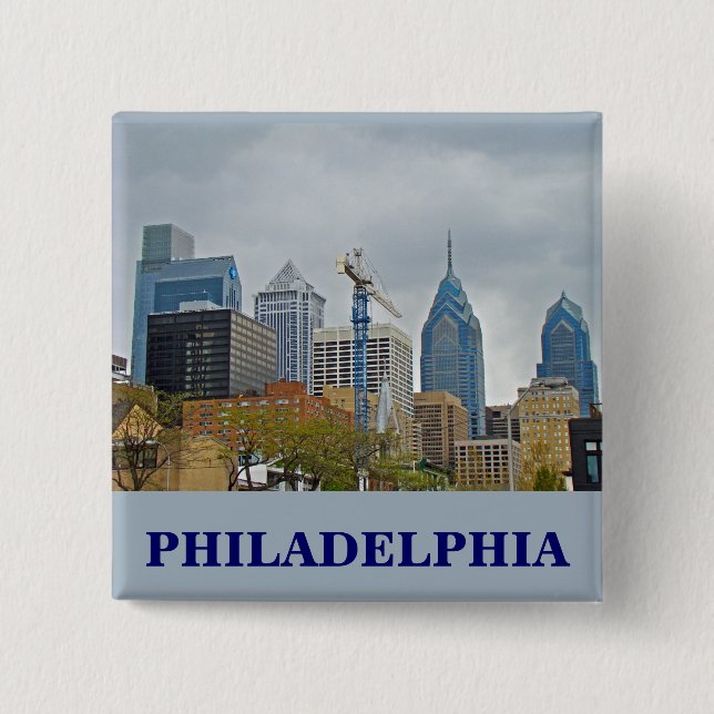 Philadelphia Skyline från floden Walk Knapp (Framsida)