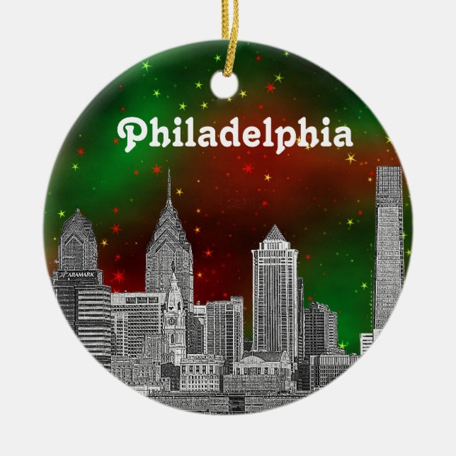 Philadelphia Skyline Grönt Red Starry Himlar Julaf Julgransprydnad Keramik (Framsidan)
