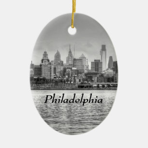 Philadelphia skyline i svartvitt julgransprydnad keramik