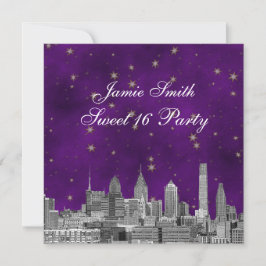 Philadelphia Skyline Lila Guld Star Sweet 16 Inbjudningar