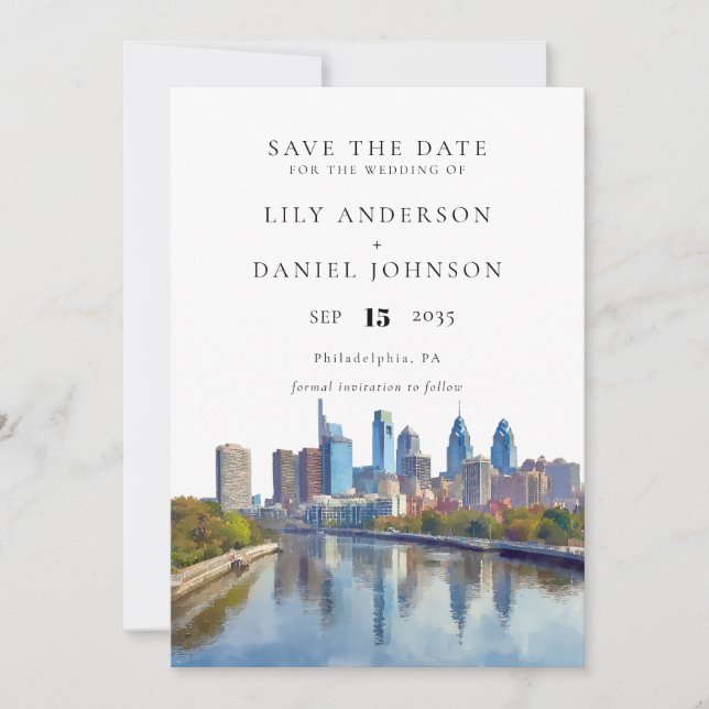 Philadelphia Skyline Watercolor Elegant Wedding Spara Datumet (Framsida)