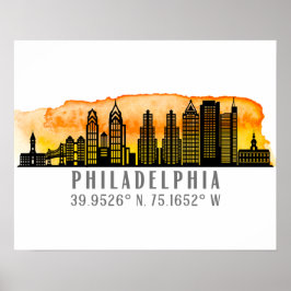 Philadelphia Sunset Skyline Karta samordnare Poster