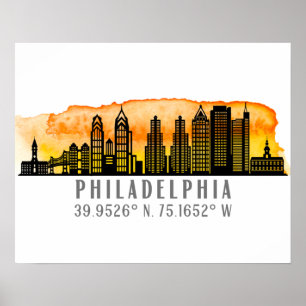Philadelphia Sunset Skyline Karta samordnare Poster
