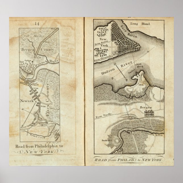 Philadelphia till New York Road Karta Poster (Framsidan)