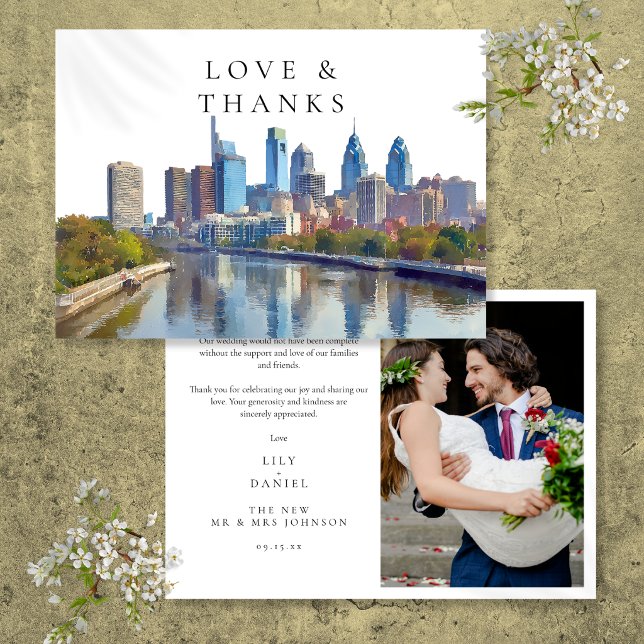 Philadelphia Watercolor Bröllopsfoto Tack Kort (Philadelphia Watercolor Wedding Photo Thank You Card)