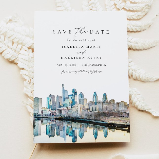 PHILADELPHIA Watercolor City Skyline Spara datumet Inbjudningar (Skapare uppladdad)