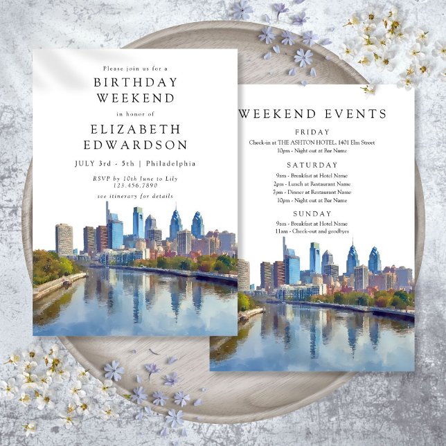 Philadelphia Watercolor Födelsagshelg Inbjudningar (Philadelphia Watercolor Birthday Weekend Invitation)