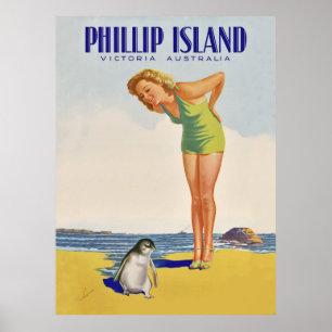 Philip Island, Australien, flicka med pingvin Poster