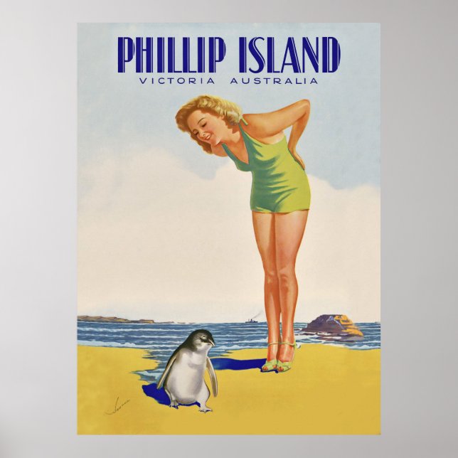 Philip Island, Australien, flicka med pingvin Poster (Framsidan)