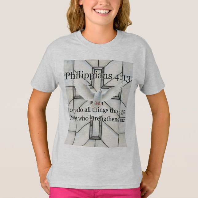 Philippians 4:13 Bible Verse Girl's Tee Shirt (Framsida)