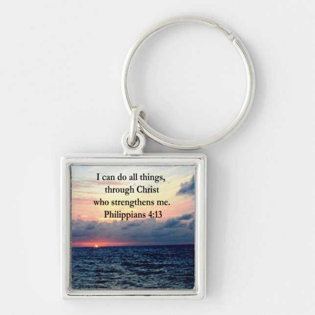 PHILIPPIANS 4:13 SUNRISE DESIGN FYRKANTIG SILVERFÄRGAD NYCKELRING (Framsidan)