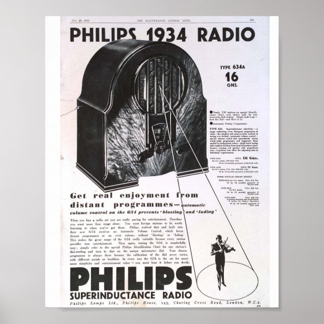 Philips 1934 Radio antique Reklement Poster (Framsidan)