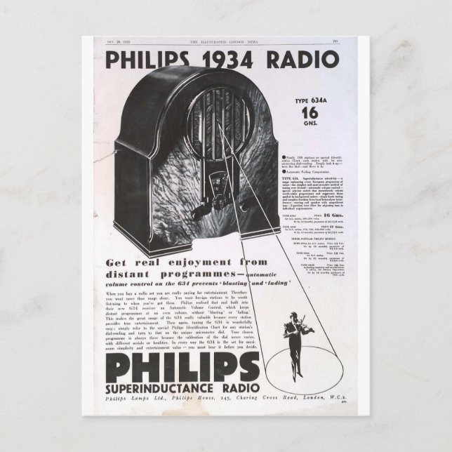 Philips 1934 Radio Retro antique Annons Vykort (Framsida)