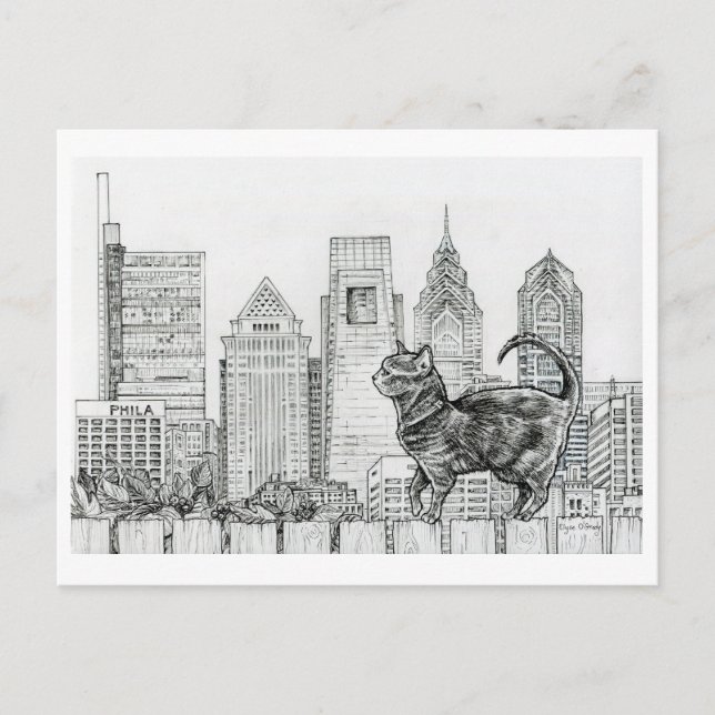 Philly Skyline - Katt på staket vykort (Framsida)