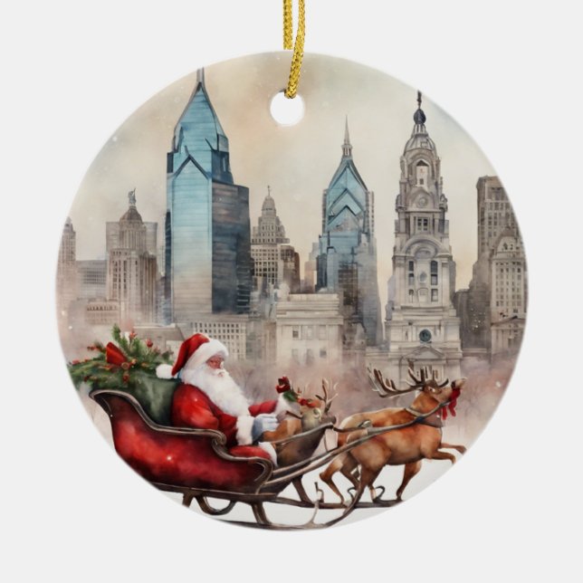 Philly Skyline med Santa & Reindeer Julgransprydnad Keramik (Framsidan)