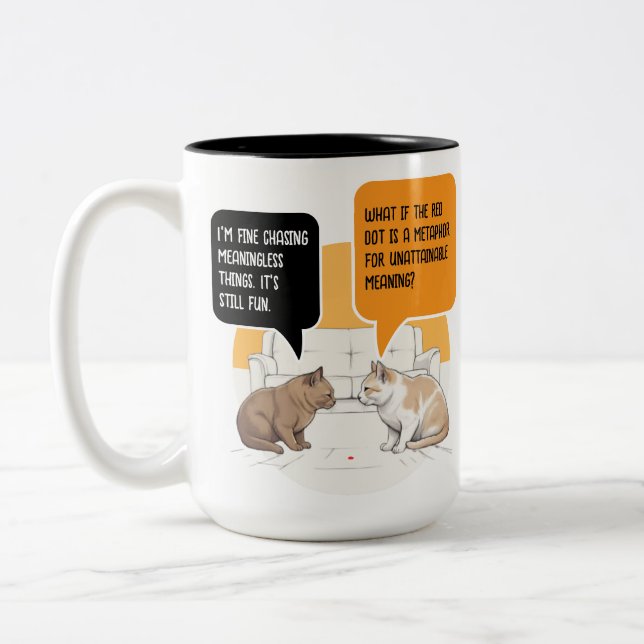 Philosophy Cat Red Dot Existential Humor Art Två-Tonad Mugg (Vänster)