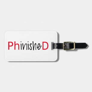 Phinished ordkonst, textdesignen för PhD avlägger Bagagebricka