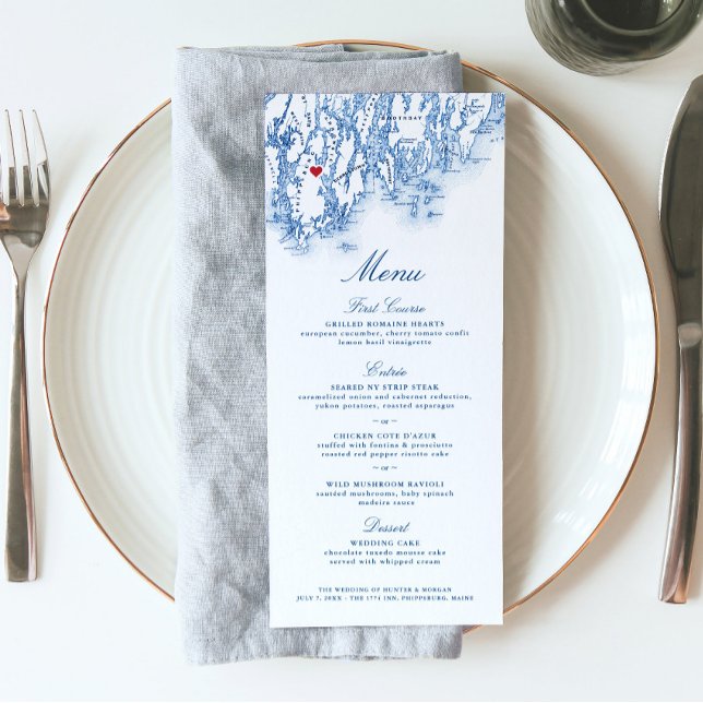 Phippsburg Maine Destination Wedding Elegant Navy Meny (This Phippsburg Maine map menu is perfect for your 1774 Inn destination wedding)