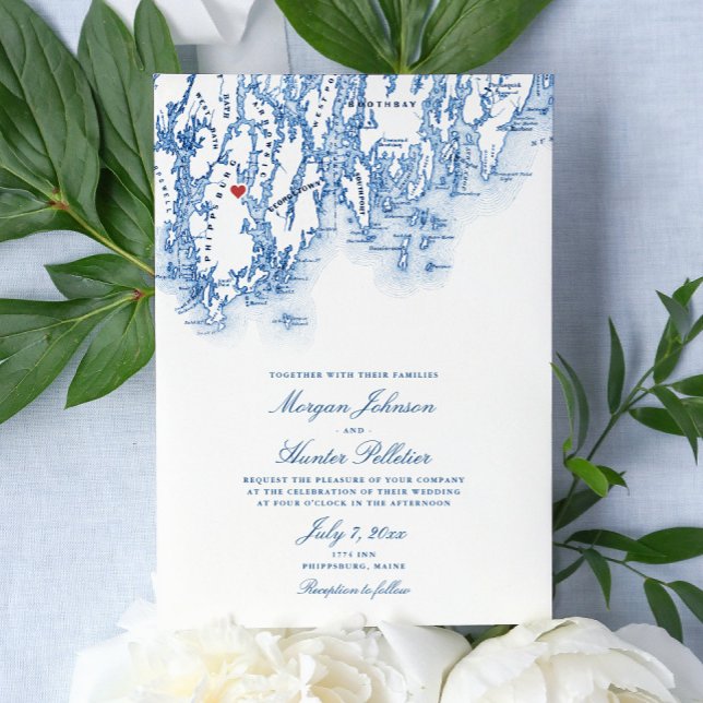 Phippsburg Maine Elegant Navy Karta Bröllop Inbjudningar (Elegant nautical destination wedding invitation for your wedding at the 1774 Inn in Phippsburg Maine)