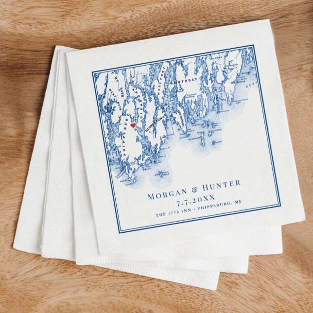 Phippsburg Maine Karta flottan Elegant bröllop Pappersservett (These Phippsburg Maine wedding napkins are perfect for your coastal 1774 Inn destination wedding)