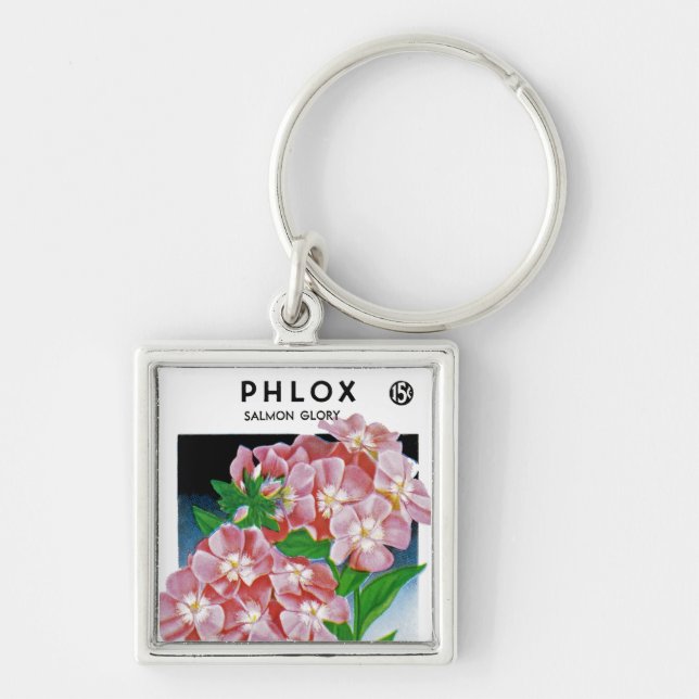 Phlox Salmon Glory Fyrkantig Silverfärgad Nyckelring (Framsidan)