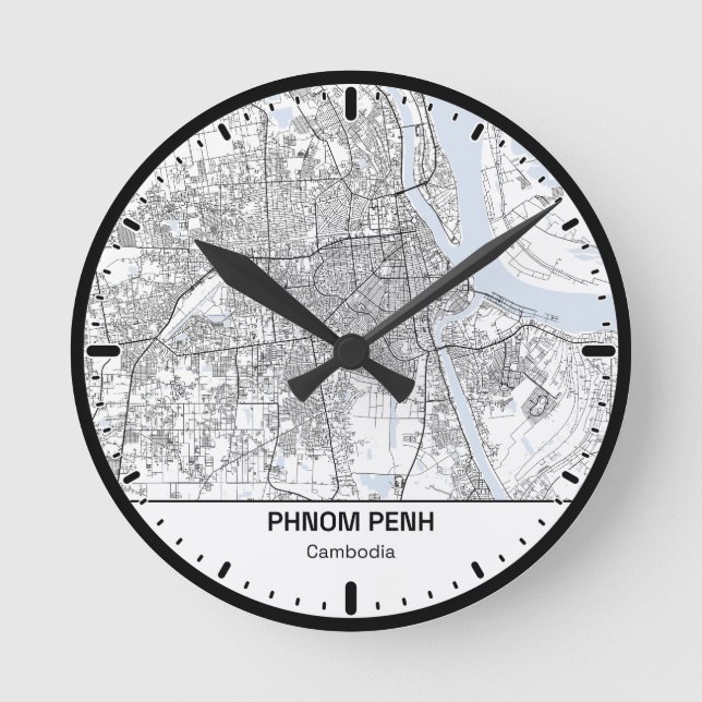 Phnom Penh Clock City Line Art Rund Klocka (Framsida)