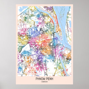 Phnom Penh Kambodja City Karta Poster