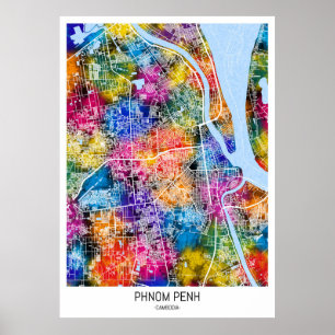 Phnom Penh Kambodja City Karta Poster
