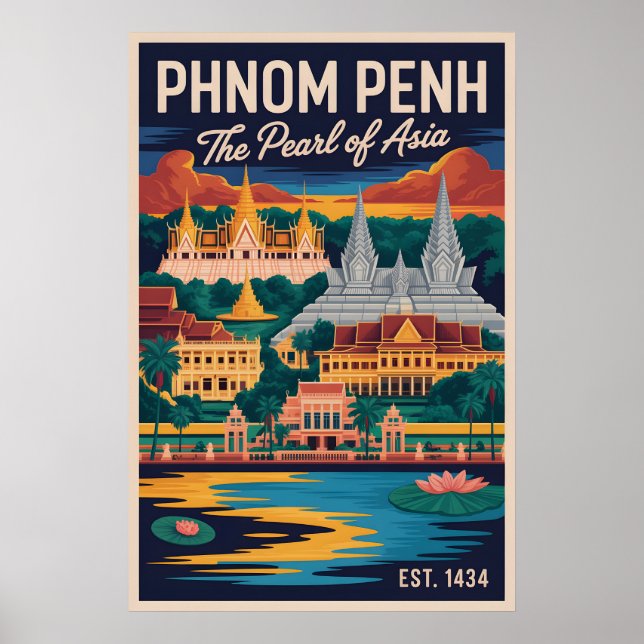 Phnom Penh Kambodja Retro Resemålning Affisch Kons (Framsidan)
