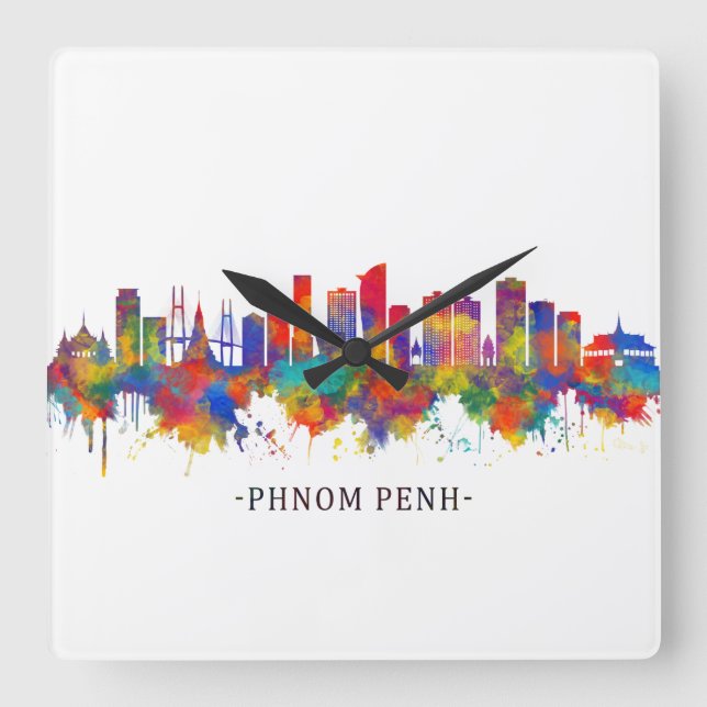 Phnom Penh Kambodja Skyline Fyrkantig Klocka (Framsida)