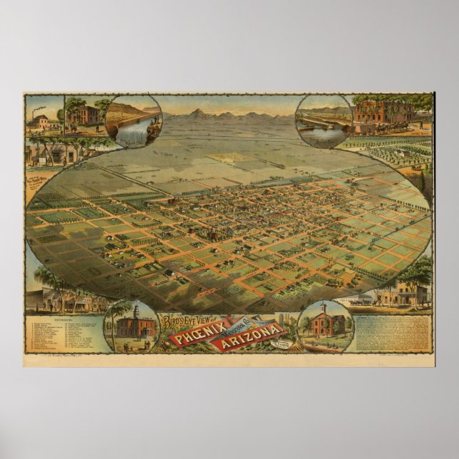 Phoenix Arizona 1885 Antique Panoramic Karta Poster (Framsidan)