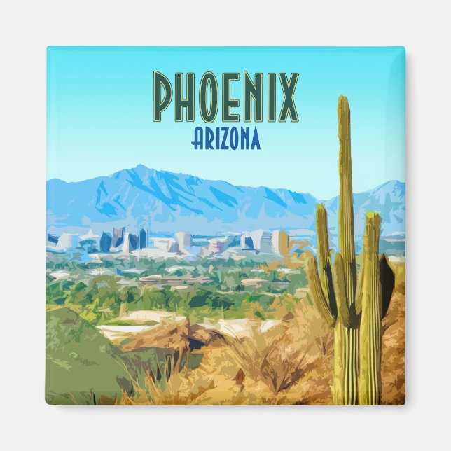 Phoenix Arizona City Cactus and Mountain Vintage Magnet (Framsidan)