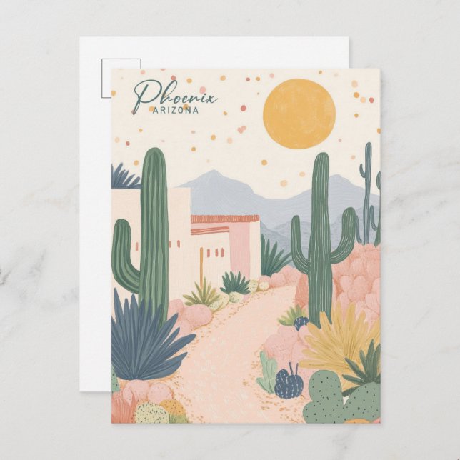 Phoenix Arizona Gouache Paint Illustration Travel Vykort (Fram/baksida)