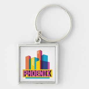 Phoenix, Arizona Neon Skyline Fyrkantig Silverfärgad Nyckelring