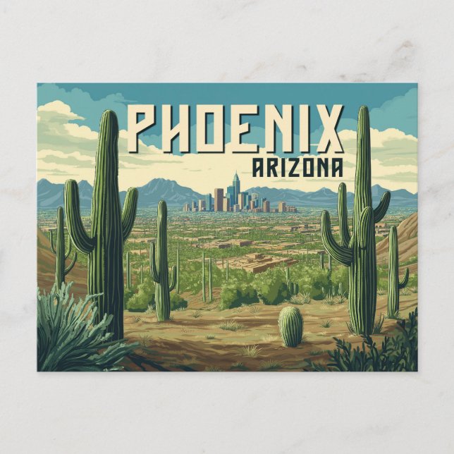 Phoenix Arizona - Retro Desert Cityscape Vykort (Framsida)