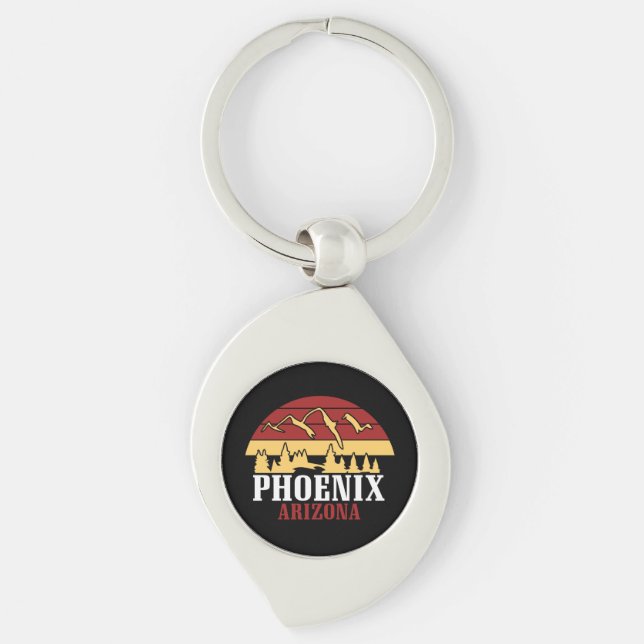 Phoenix Arizona Silhuett Konsttryck Retro Solnedgå Swirl Silverfärgad Nyckelring (Framsidan)