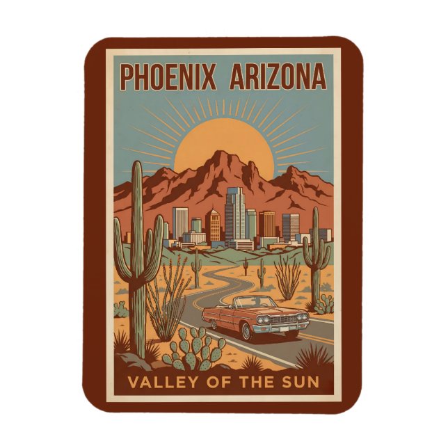 Phoenix Arizona Sun Illustration Travel Art Retro Magnet (Vertikal)