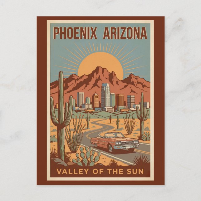 Phoenix Arizona Sun Illustration Travel Art Retro Vykort (Framsida)