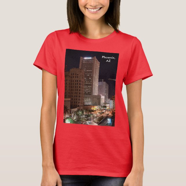 Phoenix Arizona vid Nattens Skyscraper Tee Shirt (Framsida)