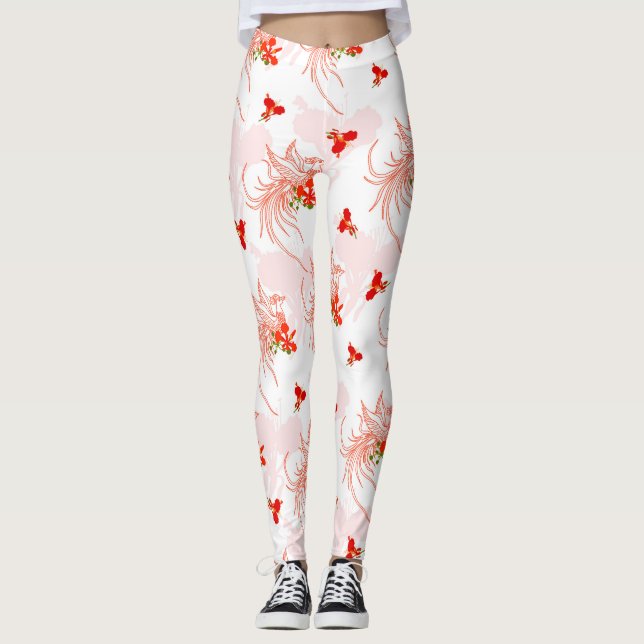 Phoenix Bird and Phoenix Flower Seamless Mönster Leggings (Framsida)