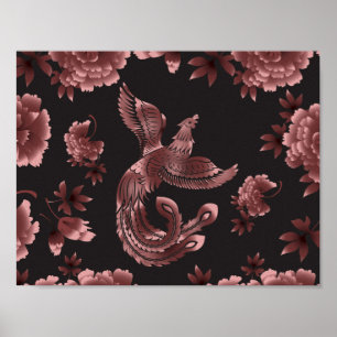 Phoenix fågel med pionblommor poster