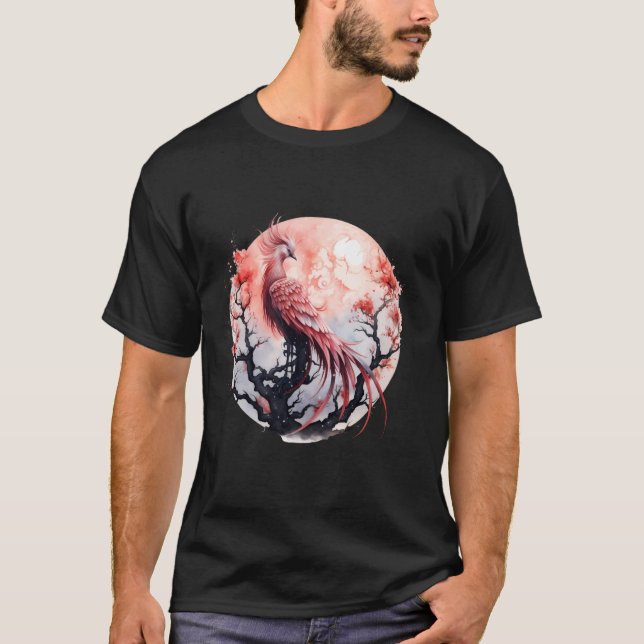 Phoenix Måne Fire Phoenix Bird Sakura Träd Mythica T Shirt (Framsida)