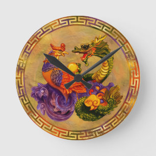Phoenix och Dragon - färg och guld Rund Klocka