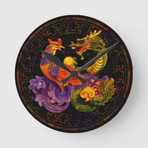Phoenix och Dragon - i färg Rund Klocka