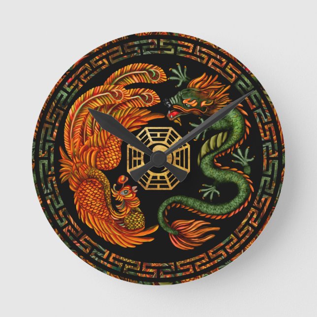 Phoenix och Dragon med bagua #2 Rund Klocka (Framsida)