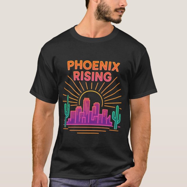 Phoenix Rising Neon City – Retro Synthwave Öken T Shirt (Framsida)