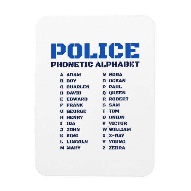 Phonetic A to Z Alphabet for Police Officers Magnet (Vertikal)