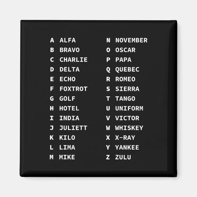 Phonetic Alphabet Code Chart Classic Black & White Magnet (Framsidan)