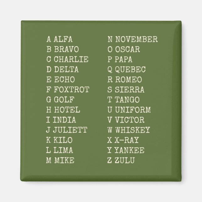 Phonetic Alphabet Magnet - militär Grönt (Framsidan)